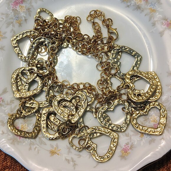 Vtg Y2K Multi-Layer Gold-Tone Necklace Hammered Heart Charms Lots of Love - Picture 6 of 6